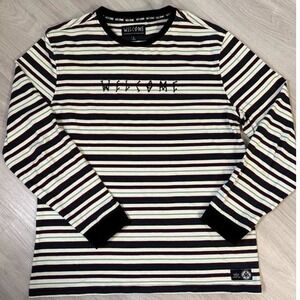 WELCOME Skateboards Striped Long Sleeve T Shirt Mens Size L Black Purple Green
